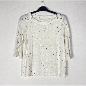 Croft & Barrow White Polka Dot 3/4 Sleeve‎ Top Button Details Corpcore Cotton PL